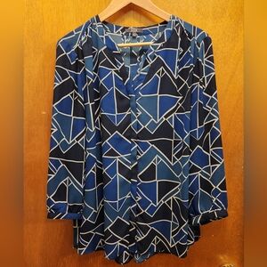 NYDJ Pintuck Blouse Blue and Cream Geometric Print